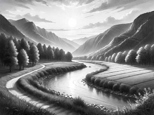 This black and white illustration depicts a serene, picturesque valley scene. A winding river meanders through the center of the image, flanked by lush grass and vibrant flowers. On the right side of the river, terraced fields stretch out, bordered by a dense line of trees. To the left, a narrow dirt path runs parallel to the river, also surrounded by trees. The background features majestic mountains, with a particularly prominent peak on the left side. The sky above is filled with clouds, and the sun shines brightly through the center, casting a warm glow over the entire landscape. The scene is devoid of any human presence or text, allowing the natural beauty to take center stage.
