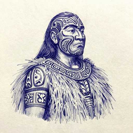 A detailed, hand-drawn illustration of a Polynesian warrior. The drawing is in black ink on a light beige paper, with the lines varying in thickness to suggest depth and texture. The warrior is depicted from the chest up, facing slightly to the right. 

The figure has a strong, muscular build and wears intricate tribal tattoos covering their entire body, including the face, neck, shoulders, and arms. The tattoos are stylized and geometric, with swirling patterns and bold lines. 

The warrior is adorned with a large, fluffy collar of feathers or fur around their neck and shoulders. They also wear a patterned necklace made of woven elements, possibly bone or wood. Their long hair flows down their back, and they have a single earring in their left ear. 

The overall style is reminiscent of traditional Polynesian art, with a focus on cultural symbolism and intricate detail. The drawing has a slightly vintage feel due to the hand-drawn quality, with visible shading and cross-hatching adding depth.