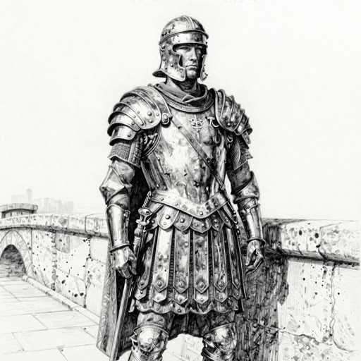 This black and white illustration depicts a medieval knight standing on a stone bridge. The knight is fully armored, with a helmet that covers his entire head, leaving only his eyes, nose, and mouth visible. His armor includes shoulder plates, a chest plate, and a skirt-like garment with metal plates hanging down. He also wears metal shin guards and has a sword at his side. The knight's expression is stern, and he gazes off to the right. The bridge beneath him is constructed of stone, with a railing on the right side and an archway underneath. In the background, a faint cityscape can be seen, adding depth to the scene. The overall composition is rendered in shades of gray, emphasizing the detailed textures and elements of the knight and his surroundings.