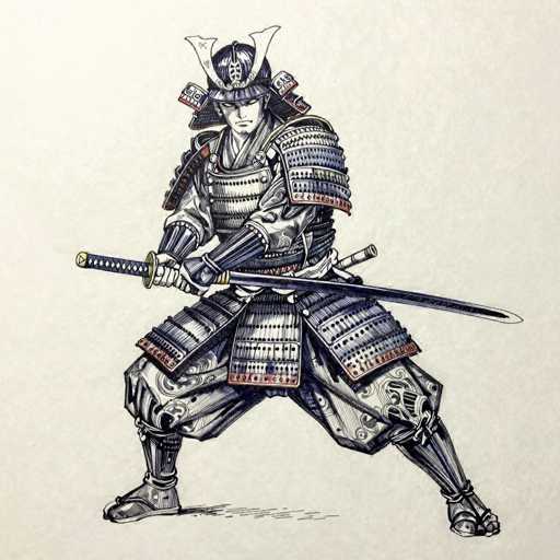A detailed, black and white ballpoint pen illustration depicts a samurai warrior in a dynamic stance. The figure is clad in elaborate, layered armor with intricate patterns and textures, showcasing the craftsmanship of traditional Japanese design. A katana is held in both hands, poised for action. The overall style emphasizes line work and shading to create depth and a sense of movement, with the contrast between ink and paper enhancing the artistic feel.