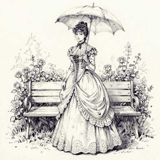 A detailed, hand-drawn illustration in black and white depicts a woman in a Victorian-era gown sitting on a park bench. She is holding an umbrella and looking over her shoulder, with a slightly pensive expression. The dress features intricate details like lace, ruffles, and a fitted bodice with a high neckline. She is surrounded by blooming roses and foliage, suggesting a garden setting. The overall style is reminiscent of a vintage fashion illustration or an etching, with delicate shading and fine lines to create depth and texture.
