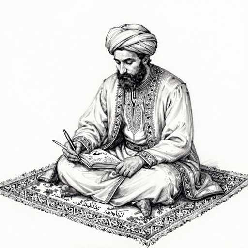 This black and white drawing depicts a man seated on a rectangular rug, which is adorned with intricate designs and fringes along its edges. The man is dressed in a long, white robe that features a belt cinched at the waist. He wears a turban on his head, and his facial hair includes a full beard and mustache. His eyes are closed, and he appears to be looking down at a book that rests on his lap. In his right hand, he holds a pen, while his left hand supports the book. Notably, the man's feet are bare, and his toes appear to be deformed.