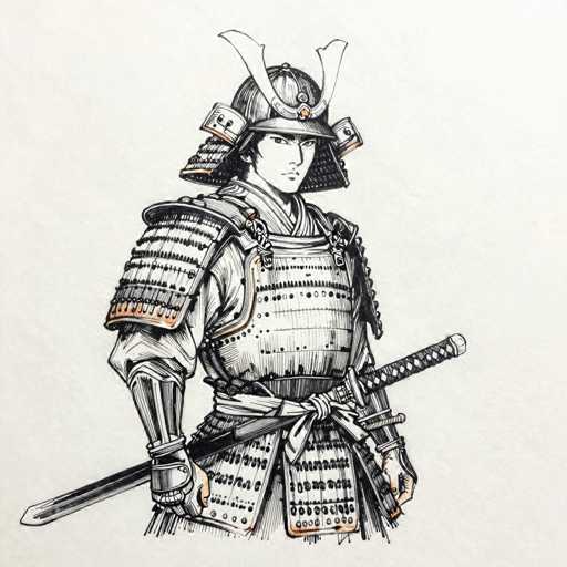 This detailed black-and-white illustration depicts a samurai warrior, meticulously drawn with pen and ink. The samurai stands in a three-quarter profile, facing slightly to the right, with his head turned towards the viewer. He wears a traditional helmet adorned with a prominent U-shaped crest, and his shoulders are protected by large, ornate pads. His chest is shielded by a substantial breastplate, and his waist is wrapped with a sash. A sword is sheathed at his left hip, with the handle pointing to the right, and his right hand rests on the hilt. The image captures the samurai from the waist up, emphasizing his poised and vigilant stance.