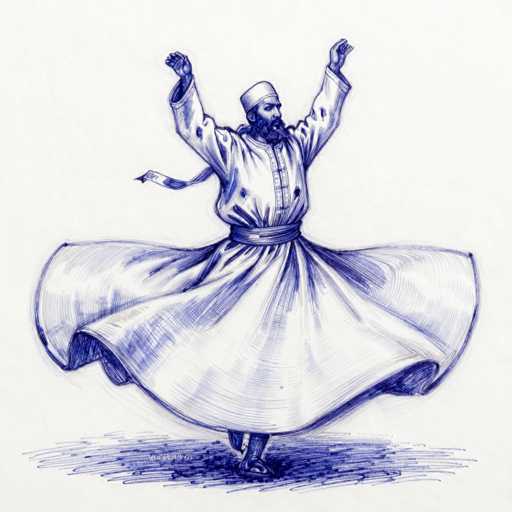 The image depicts a detailed blue ink drawing of a man, possibly a Sufi or whirling dervish, captured mid-dance. He is adorned in a voluminous, long white robe that flares out dramatically around his feet, resembling a bell shape. The robe features a belt at the waist and a scarf that extends from the back. The man has a full beard and mustache, and wears a small white cap on his head. His arms are raised above his head, and his legs are slightly bent, suggesting movement. The background is a light gray, and the floor beneath him is shaded in blue, adding depth to the scene. The overall composition is simple yet evocative, focusing solely on the man and his dance.