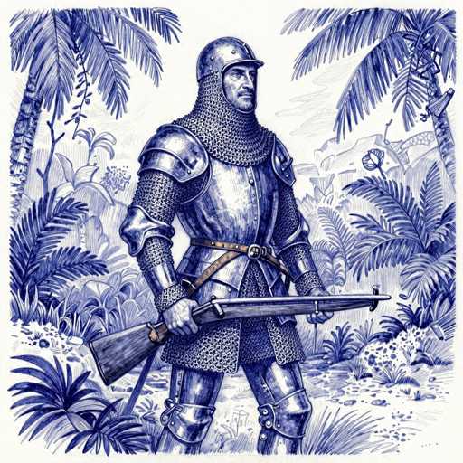 This detailed illustration depicts a medieval knight standing in a lush, tropical jungle. The knight is clad in full plate armor, complete with a helmet that features a visor and a nose guard. His neck is protected by chain mail, and his shoulders are shielded by metal plates. The knight's arms are encased in chain mail sleeves, and his legs are similarly armored. A brown belt cinches his waist, and he wields a long rifle, which he holds with both hands, pointing it to the right. The background showcases a dense array of palm trees, ferns, and other tropical vegetation, creating a vivid contrast with the knight's metallic armor. The scene is rendered in a monochromatic palette of blues and whites, enhancing the medieval and exotic atmosphere of the image.