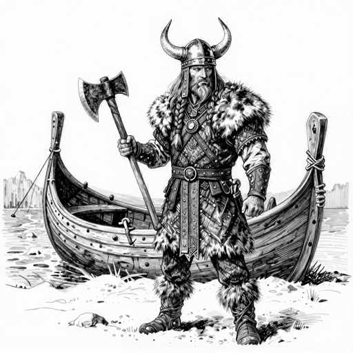 This black and white illustration depicts a Viking warrior standing on a sandy beach. The Viking is adorned in a fur-trimmed outfit, complete with fur boots, pants, and a jacket. His helmet features two prominent horns, and his long hair is styled in a braid. In his right hand, he holds a large axe, while his left hand rests on his belt. Behind him lies a Viking ship, characterized by its curved front and back ends, with oars protruding from the sides. The ship appears to be beached on the shore. In the background, the scene is framed by distant mountains and a body of water, adding depth to the composition.
