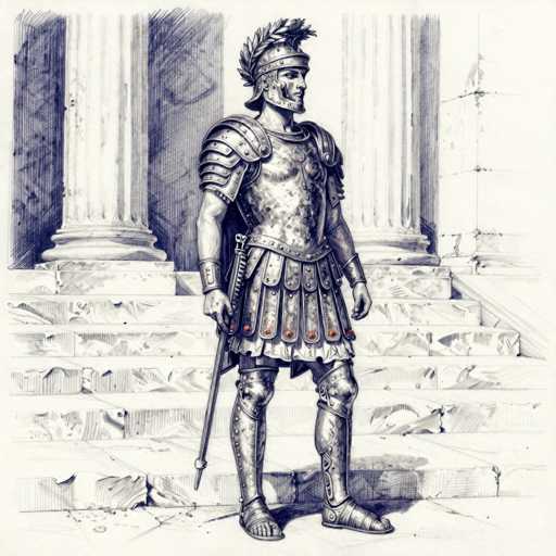 The image depicts a detailed black and white drawing of a Roman soldier standing on a set of marble steps, with two large marble columns framing the background. The soldier is clad in full armor, including a helmet adorned with a leafy crest, a breastplate, shoulder plates, and a skirt-like armor piece with red dots. He also wears metal shin guards and sandals. The soldier is holding a sword in his right hand, which is pointed downward. The scene is set against a backdrop of ancient architecture, with the marble steps and columns adding to the historical ambiance. The drawing is primarily in black and white, with the exception of the red dots on the soldier's armor, providing a striking contrast.