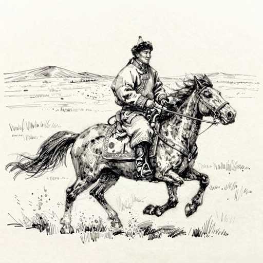 This black and white drawing, rendered on a cream-colored background, depicts a dynamic scene of a man riding a horse. The man, who appears to be of Asian descent, is dressed in a long coat and a distinctive hat that resembles a party hat with a feather protruding from it. He is seated on a saddle, gripping the reins firmly as the horse gallops forward. The horse, adorned with a bridle, has its mane and tail flowing behind it, capturing the sense of motion. The background features a vast expanse of grassy plains, with mountains faintly visible in the distance, adding depth to the composition. The overall style of the drawing is reminiscent of traditional Asian art, with intricate details that bring the scene to life.