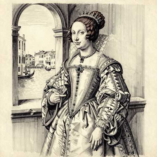 A detailed, intricately drawn portrait of a woman in Renaissance-era attire. She is depicted standing indoors, leaning slightly on a window ledge that frames a view of Venice. The woman's clothing is elaborate, featuring a heavily embellished gown with intricate details like ruffles, lace, and possibly pearl or jewel accents. She wears a high, ornate collar and a delicate necklace. Her hair is styled in an elaborate updo with curls and possibly a crown or headpiece. She holds a fan in one hand, which she appears to be holding up as if adjusting it or presenting it. Her expression is somewhat enigmatic, with a slight smile and direct eye contact. The background shows a view of Venice through the window, including buildings along a canal with gondolas. The overall style is that of a detailed engraving or etching, emphasizing texture and light.