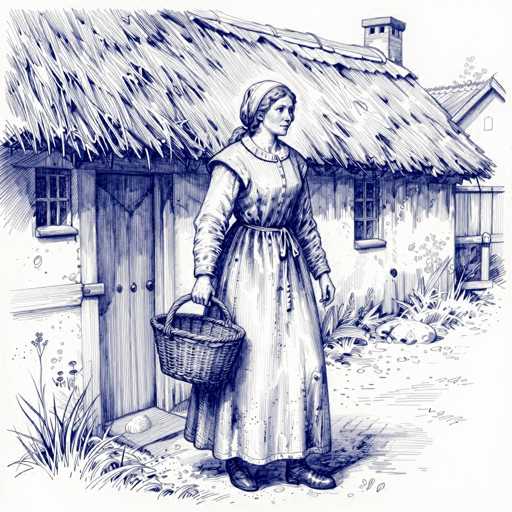 The image depicts a detailed black-and-white drawing of a woman standing in front of a rustic, thatched-roof cottage. The woman, dressed in a long, old-fashioned dress with a bonnet, holds a wicker basket in her right hand. The basket appears to be empty, though it's difficult to determine if it contains anything. She is positioned slightly to the left of the center of the image, gazing off to the right. The cottage behind her features a wooden door with a small step leading up to it, and a window to the left of the door. The thatched roof is topped with a chimney, and the structure is surrounded by grass and rocks. In the background, another building with a different roof style is visible, adding depth to the scene. The overall composition suggests a serene, pastoral setting, possibly from a historical period.