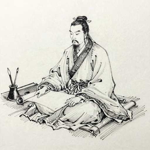 The image depicts a detailed black and white sketch of a Japanese man, possibly a calligrapher or artist, seated cross-legged on a mat. He is dressed in traditional attire, featuring a long, flowing robe with a dark-colored sash draped over his shoulder and tied at the waist. His hair is neatly tied up in a bun, and he sports a goatee. The man is deeply focused on his work, looking down at a scroll that he has partially unrolled with his right hand, while his left hand steadies the top of the scroll. To his left, there is a small ink pot containing three brushes, indicating his artistic practice. The background is minimalistic, with no additional objects or text, emphasizing the solitary and contemplative nature of his activity. The overall composition suggests a serene and traditional setting, possibly from a historical or cultural context.