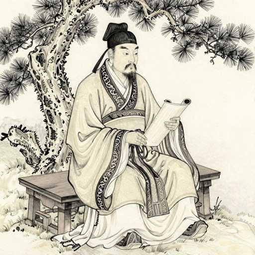 A detailed, black and white illustration in the style of traditional Chinese art depicts a scholar seated on a wooden bench beneath a stylized pine tree. The scholar is dressed in flowing robes, adorned with intricate patterns and a distinctive black hat. He holds a scroll in his hands, seemingly engrossed in reading. The scene is set in a serene outdoor setting, with the ground depicted as textured grass and the background suggesting a tranquil landscape. The overall style is reminiscent of traditional ink wash or line drawings, emphasizing elegance and cultural detail.