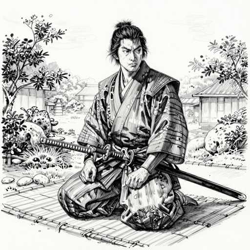 This black and white illustration depicts a samurai warrior kneeling on a bamboo mat, exuding a sense of calm and readiness. The samurai, with long black hair tied up in a bun, is adorned in a traditional kimono and a protective vest. He grips a long sword with a black handle and a silver hilt, the blade resting on the mat beside him. His facial expression is stern, with furrowed brows and a set mouth, as he gazes off to the right. The background features a serene landscape with trees, bushes, and a couple of traditional Japanese-style buildings, adding depth and context to the scene. The overall composition is detailed and meticulously drawn, capturing the essence of a samurai in his element.