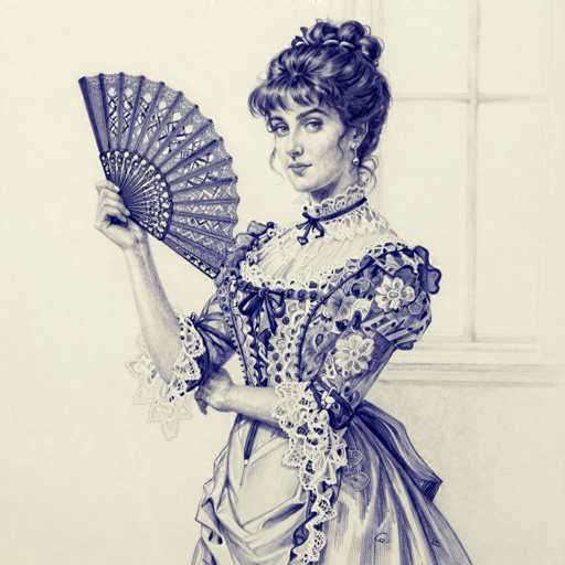 This detailed black and white drawing, possibly created with pencil or charcoal, depicts a Victorian woman standing in front of a window. The woman, who has dark hair styled in an updo with bangs and a few curls framing her face, is gazing directly at the viewer. She is adorned in a Victorian-style dress with intricate lace detailing around the collar, sleeves, and chest. The dress features a high neckline, a bow at the collar, and another bow at the waist. The sleeves are puffy and end just above her elbows, with additional lace detailing at the cuffs. In her right hand, she holds an ornate fan with a floral design, while her left arm is crossed over her waist. The background includes a window with a crossbar, and the wall behind her is plain. The overall composition captures the elegance and intricate fashion of the Victorian era.