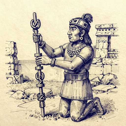 The image depicts a detailed black and white drawing of an ancient Mesoamerican man, possibly a Mayan or Aztec warrior or priest. The man is kneeling on his right knee, with his left leg bent and foot flat on the ground. He is adorned in traditional attire, including a skirt-like garment, a belt, and a headdress with feathers. His accessories include large circular earrings, a necklace, and bracelets on both wrists. In his hands, he holds a staff or spear, which is intricately wrapped with rope and adorned with beads. The background features stone walls and structures, suggesting a temple or ancient city setting. The overall composition is rendered in shades of black, white, and gray, emphasizing the detailed craftsmanship of the drawing.