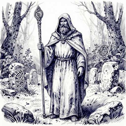 A detailed, hand-drawn illustration in black and white depicts a wise, ancient figure standing amidst a mystical graveyard. The central focus is on the figure, clad in flowing robes and a hooded cloak, holding a staff adorned with intricate symbols. The figure's long, flowing beard and piercing eyes suggest deep wisdom and a connection to the spiritual realm. 

The setting is an old, overgrown graveyard with weathered tombstones of various shapes and sizes. The gravestones are adorned with Celtic-inspired designs, adding to the mystical atmosphere. Tall, gnarled trees frame the scene, their branches intertwining and casting a soft, ethereal light. The overall style is reminiscent of an old-world illustration, with a focus on intricate details and a sense of mystery. The composition is balanced, drawing the viewer's eye to the central figure and creating a sense of depth within the scene.