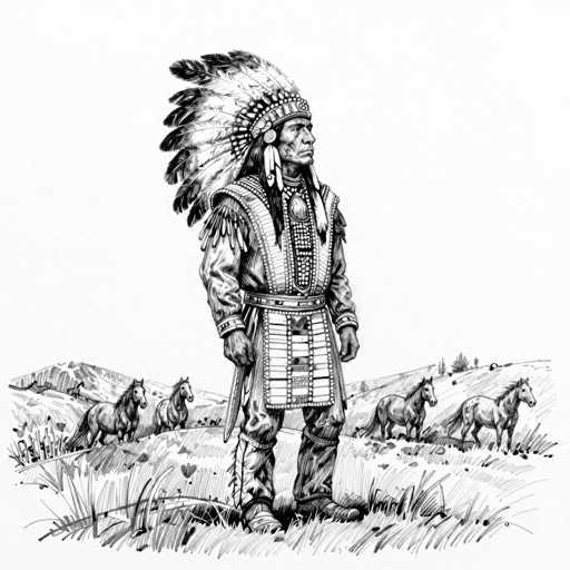 This detailed black and white sketch depicts a Native American man standing in a grassy field, surrounded by four horses. The man, who appears to be in his 40s or 50s, is adorned in traditional Native American attire, including a long-sleeved shirt, pants, and a strikingly ornate feathered headdress. The headdress features feathers that are black at the tips and white in the middle, with a band of beads around the base. He also wears a beaded necklace with a large pendant and a vest-like garment that extends down to his knees. The man stands with his hands at his sides, looking off to the right. The horses, which are all facing the same direction, are positioned behind him, with two on his left and two on his right. The background includes rolling hills and a few trees, adding depth to the scene. The entire image is rendered in shades of black, white, and gray, emphasizing the intricate details of the man's attire and the natural setting.