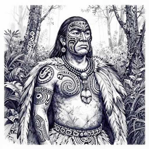 This black and white pencil drawing depicts a Native American man standing in a dense forest. The man, who has long black hair and is shirtless, is adorned with intricate tattoos and body paint that cover his face, arms, and chest. He wears a feathered cape draped over his shoulders and a beaded necklace with a large pendant. His attire includes a skirt-like garment made of fur or feathers, and he has a belt with a distinctive design around his waist. The forest background is rich with trees, leaves, and various plants, creating a natural and serene setting. The man gazes off to the right, adding a contemplative mood to the scene.