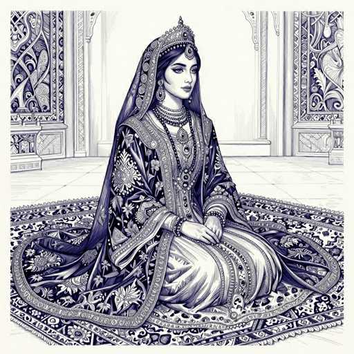 This black and white illustration depicts a regal woman, possibly of Indian or Middle Eastern descent, seated on an ornate, round rug. She is adorned in a long, intricately patterned dress with a flowing cape that drapes elegantly behind her. Her attire is complemented by multiple strands of beads and pearls around her neck, and she wears a large, ornate headpiece that resembles a crown, complete with a jewel hanging over her forehead. The woman's long, dark hair cascades down her back, and she gazes thoughtfully to the right. The background features a tiled floor and walls with intricate, tapestry-like designs, adding to the overall sense of opulence and grandeur in the scene.