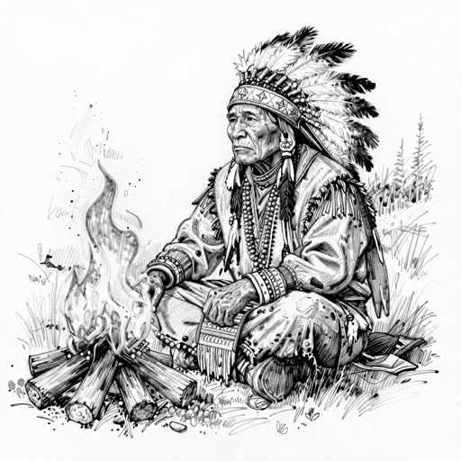 A detailed black and white sketch of a Native American man sitting by a crackling campfire. The man is wearing a feathered headdress, beaded necklaces, and a patterned garment adorned with fringe. He's seated cross-legged on the ground, holding a stick in his hands as he tends to the fire. The sketch is highly detailed, capturing textures and shading with fine lines, giving a sense of depth and realism. The background shows a simple landscape with grass and distant trees, emphasizing the man's solitary presence around the fire.