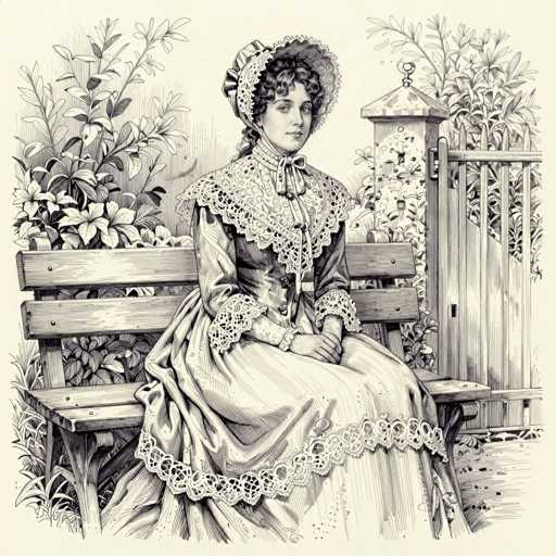 This black and white illustration, reminiscent of a Victorian-era book illustration, depicts a young woman seated on a wooden bench in a lush garden. The woman, who appears to be in her late teens or early twenties, is dressed in an elaborate, long gown adorned with intricate lace details. Her dress features a high collar with a bow tie, long sleeves with lace cuffs, and a lace hem that extends to the ground. She wears a bonnet with a ribbon tied under her chin, and her curly hair is styled in ringlets beneath it. The woman's hands are clasped in her lap, and she gazes directly at the viewer with a neutral expression. The bench she sits on is positioned in front of a wooden gate, surrounded by tall plants and flowers, adding to the serene and picturesque garden setting.