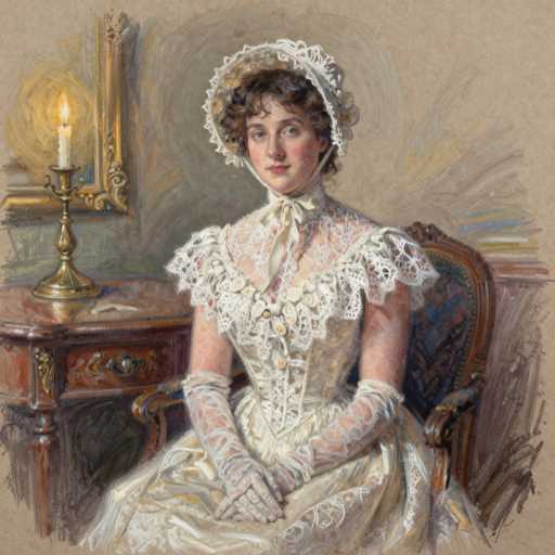 This detailed painting depicts a Victorian-era woman seated in a wooden chair with a high back, her body facing forward and her head turned slightly to the left. She has short, curly brown hair adorned with a white bonnet that ties under her chin. Her complexion is fair, with pink cheeks and blue eyes, and she wears a subtle smile. The woman is dressed in a white lace dress with short sleeves and a high neckline, complemented by a white ribbon tied around her neck. Her arms are covered in white lace gloves that extend up to her elbows. 

The background features a beige wall with a gold-framed mirror hanging above a wooden table. On the table sits a gold candlestick holding a white candle that is lit, casting a warm glow. The painting style is somewhat sketchy, with visible brush strokes that add texture to the scene. The overall composition captures a serene and elegant moment, highlighting the intricate details of the woman's attire and the surrounding elements.