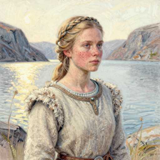 The image depicts a detailed painting of a young woman, likely in her late teens or early twenties, standing in a serene outdoor setting. She has fair skin adorned with freckles across her nose and cheeks, and her blue eyes gaze thoughtfully to the right. Her long blonde hair is styled in a braid that drapes over her left shoulder, with the rest cascading down her back. She is dressed in a white tunic featuring a fur-trimmed collar and shoulders, and a brown belt cinches her waist. The background reveals a tranquil lake bordered by rocky hills and distant mountains, with the sun casting a warm glow on the water. The foreground includes some grass and weeds, adding to the natural ambiance of the scene.