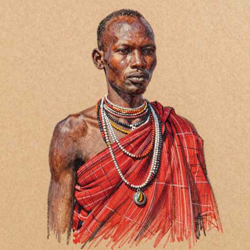 A detailed pencil sketch of a Maasai warrior, rendered in warm, earthy tones. The subject is depicted from the chest up, facing slightly to the right with a serious expression. His skin tone is rich and textured, suggesting a dark complexion. He's wearing a vibrant red shuka draped around his shoulders and chest, with intricate white stripes. Multiple necklaces adorn his neck – a layered collection of beads in various colors including white, black, and yellow. A single, large pendant hangs from one of the necklaces. His head is shaved, with a small earring visible in his left earlobe. The sketch uses soft shading to create depth and highlights the texture of his skin and clothing, with a slightly textured paper background. The overall style is realistic yet artistic, capturing the essence of Maasai culture and heritage.
