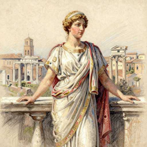 A detailed pencil drawing of a woman in classical attire, standing on a balcony overlooking a cityscape. The woman is depicted with fair skin, curly blonde hair adorned with a golden headband, and wearing a draped white garment with gold and red accents. Her arms are outstretched, and she gazes towards the cityscape in the distance. The background features a detailed view of classical buildings, including columns and domes, with a warm, slightly faded color palette. The drawing is rendered in delicate pencil strokes, showcasing the texture of the fabric and the architectural details.