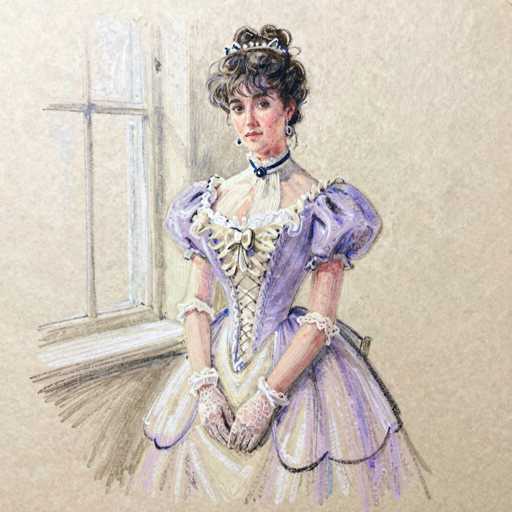 This detailed illustration depicts a Victorian-era woman, possibly a princess or queen, standing in front of a window with a white frame and crossbars. The background is a light beige, almost tan color, providing a soft contrast to the intricate details of the woman's attire and features. She is adorned in a light purple dress with puffy sleeves and a corset-like bodice, which is laced up the front and features a large bow at the chest. The dress has a white collar and lace trim around the neckline, extending down to her wrists where she wears white gloves. Her hair is styled in an elaborate updo, with curly bangs framing her face, and she wears a tiara or crown. She also has large hoop earrings and a choker necklace with a blue gem. The woman's expression is neutral, and she gazes directly at the viewer, her hands clasped in front of her. The overall composition and attire suggest a formal, royal portrait, capturing the elegance and regal bearing of the subject.