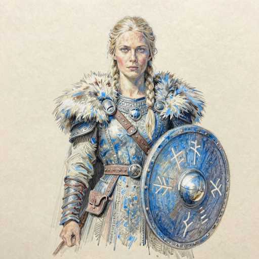 A detailed, hand-drawn illustration depicts a Viking woman in traditional attire. She's clad in a blue and cream patterned leather armor, adorned with fur-lined shoulders and a belt featuring intricate silver details. She holds a shield emblazoned with Norse runes, and grips a staff topped with similar symbols. Her blonde hair is braided, and her expression is serious yet determined. The soft pastel colors create a vintage feel, emphasizing the historical aesthetic of the artwork.