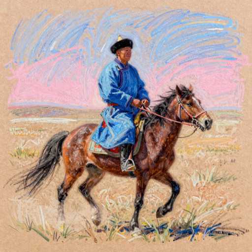 This image features a detailed painting of an Asian man riding a horse. The man is dressed in a long, blue robe that extends to his knees, and he wears black boots. Atop his head, he sports a black hat with a small, yellow, pointed ornament. The horse beneath him is a rich brown color with a black mane and tail, and it appears to be in mid-gallop, kicking up dust from the ground. The background of the painting is a vibrant mix of blue and pink hues, with the lower portion depicting a field of grass. The overall composition is set against a light brown, textured background, adding depth to the scene.