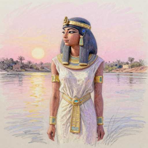 This detailed illustration depicts a regal Egyptian woman, possibly a queen, standing in front of a serene body of water at sunset. The sky is painted in soft hues of pink, yellow, and orange, with the sun setting on the left side of the image. The woman, with her dark skin and long black hair styled in a bob, is adorned in an elaborate white dress featuring a blue and gold collar and a matching belt. She wears a gold headband with a blue jewel and a gold pendant, along with long, dangling earrings. Gold armbands and wristbands further embellish her attire. Her face is accentuated with heavy eye makeup, including thick eyeliner and mascara. The background showcases a tranquil water scene with a small island dotted with palm trees and buildings, enhancing the overall sense of ancient Egyptian royalty and beauty.