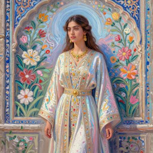 This image depicts a detailed painting of a woman standing in front of an ornate, arched window. The window is framed by intricate blue and gold designs, with a border of blue, white, and gold. The window itself is adorned with vibrant flowers in shades of pink, red, yellow, and white, interspersed with green leaves. The woman, who has long, wavy brown hair, is wearing a flowing white gown with a V-neck and long sleeves. The gown is embellished with gold and blue patterns, and she has a gold belt with a large buckle at her waist. She accessorizes with a gold necklace and dangling gold earrings. The woman's expression is serene, with her eyes open and looking slightly to the left. The overall scene is rich in color and detail, creating a striking and elegant portrait.