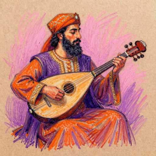 The image depicts a detailed drawing of a man playing a stringed instrument, possibly a lute or a banjo. The man is seated, with his left hand positioned on the neck of the instrument and his right hand strumming the strings. He is adorned in a vibrant, colorful outfit that includes an orange head wrap with a white circular emblem at the front. His attire features a purple vest with intricate gold and orange trim, and the sleeves are also orange with matching gold detailing. The background is a blend of pink and purple hues, adding a warm and artistic touch to the overall composition.