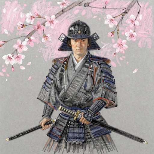 The image depicts a detailed drawing of a samurai warrior, centrally positioned against a gray background. The samurai is adorned in traditional gray and blue armor, complete with a helmet featuring two rectangular flaps on either side of his face. He holds a long, black sword with a gold handle in his right hand, while his left hand grips the scabbard. The samurai's face is serious, with a stern expression and a small beard. Surrounding him, particularly in the upper left and right corners, are delicate pink cherry blossoms, adding a touch of color to the otherwise monochromatic scene. The overall composition suggests a blend of traditional Japanese artistry and modern digital techniques, creating a striking and vivid portrayal of the samurai.