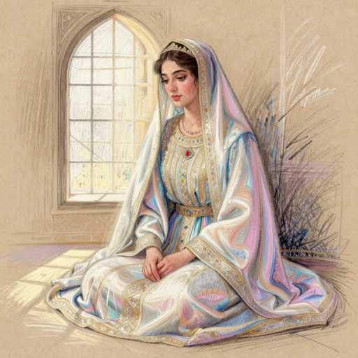 A digital painting in a soft, painterly style depicts Mary, the Virgin Mary, seated on a floor near a window. She is dressed in an elaborate, flowing gown of pale blue and white with intricate gold detailing, adorned with a jeweled brooch at the chest. A light, sheer veil drapes over her head and shoulders, partially covering her hair. Her hands are clasped in her lap, and her gaze is directed downwards with a serene expression. 

The window behind her is arched and features multiple panes of glass, allowing soft sunlight to stream in, casting gentle shadows on the floor. The background is a muted beige wall with subtle textures. To the right of Mary, tall, slender plants with feathery foliage are partially visible, adding a touch of organic detail to the scene. The overall color palette is soft and muted, with pastel tones dominating the composition. The style of the painting suggests a digital illustration or a highly detailed sketch, with visible brushstrokes and subtle highlights that give the image depth and texture. The lighting is soft and diffused, creating a peaceful and contemplative atmosphere.