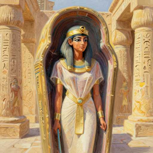 This detailed illustration depicts a young Egyptian woman, possibly a princess or queen, emerging from a golden sarcophagus. She is adorned in a white dress with gold trim and a matching gold belt, complemented by gold bracelets on her wrists. Her headdress is a striking gold crown with a blue feather, and her hair is styled in long, braided locks that cascade down to her shoulders, featuring a blue and gold striped pattern. The sarcophagus, which is open and reveals her standing within, is set against a backdrop of ancient Egyptian architecture, including columns and statues intricately carved with hieroglyphics. The scene is bathed in sunlight, casting a warm glow on the golden elements and highlighting the detailed craftsmanship of the surroundings.