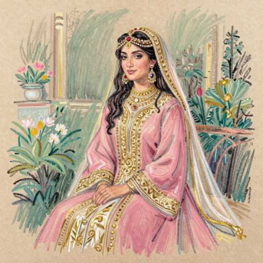 A detailed illustration of a woman in traditional Middle Eastern attire, seated gracefully with her hands clasped in her lap. She is wearing a vibrant pink and gold outfit, adorned with intricate patterns and embellishments. A delicate white veil drapes over her head, framing her dark, wavy hair adorned with a gold and red headpiece. Her eyes are expressive, looking gently towards the viewer. She wears ornate gold earrings and a delicate necklace with red gemstones. The background features lush greenery, including potted plants and foliage, suggesting an indoor garden or a richly decorated space. The overall style is detailed and artistic, with a focus on texture and intricate design.