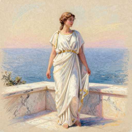 The image depicts a detailed painting of a woman standing on a marble balcony overlooking a serene ocean at sunset. The woman, who appears to be of Caucasian descent, has her brown hair styled in a bun and is adorned with a silver headband. She is dressed in a white toga-like dress with gold trim, which drapes elegantly over her shoulders and around her waist, and she is barefoot. The dress features a gold belt and gold trim along the bottom. She holds the fabric of her dress with her left hand, while her right arm hangs by her side. The balcony, constructed of white marble with black streaks, is situated on a tiled floor. To her left, a small green bush adds a touch of nature to the scene. The background showcases a tranquil blue ocean under a sky painted in hues of pink, yellow, and blue, indicative of a sunset. The overall composition is square, with the woman positioned centrally, gazing off to the right, creating a sense of contemplative serenity.
