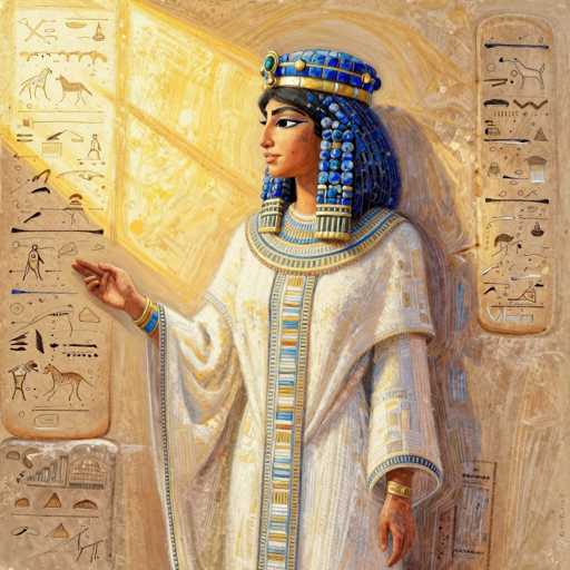 This detailed painting depicts an Egyptian queen standing against a wall adorned with hieroglyphics. The queen, positioned centrally, is wearing a long white robe with intricate blue and gold trim. Her elaborate headdress, made of blue and gold, features a turquoise gem at the front and extends down to her shoulders. She has long black hair and is adorned with gold bracelets on both wrists. The hieroglyphics on the wall behind her include images of animals like a giraffe, a dog, and a horse, as well as various symbols and figures. The scene is illuminated by a light source from the top left, casting a warm glow on the queen and the hieroglyphics. The painting is rich in colors, including shades of blue, gold, white, black, and brown, and the overall composition suggests a regal and historical setting.