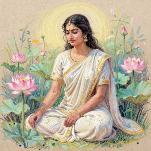 This detailed painting depicts a serene woman seated cross-legged on a grassy surface, surrounded by an abundance of lotus flowers. She is adorned in a white dress with intricate gold trim, which includes a shawl draped over her left shoulder. Her long, dark hair cascades down her back, and she wears a red bindi on her forehead, along with a nose ring and dangling earrings. A delicate necklace graces her neck, and her wrists are adorned with bracelets. The woman's eyes are closed, and she gazes downward, exuding a sense of tranquility. A radiant halo of yellow light encircles her head, enhancing the ethereal quality of the scene. The lotus flowers around her are in various stages of bloom, with some fully open and others still closed, their pink petals contrasting beautifully against the lush green foliage. The painting's background is a soft, light brown, adding to the overall warmth and peacefulness of the composition.