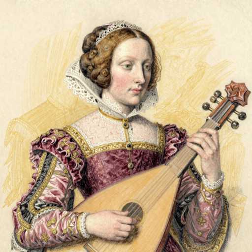 This image is a detailed painting of a woman from the 1700s or 1800s, dressed in elaborate attire. She has reddish-brown hair styled in curls and is adorned with a white lace headpiece. Her face is characterized by rosy cheeks and a small nose. She is wearing a white lace collar that extends up to her neck, complementing her ornate dress. The dress is primarily red with intricate gold and black trim, featuring a white section in the middle. It has puffy sleeves with gold accents and lace detailing at the wrists. The woman is holding a stringed instrument, likely a mandolin or a guitar, with her left hand on the strings and her right hand on the neck. The background of the painting is a light beige color, with a faint yellow sketch of a person playing a horn. The overall composition is square, with the woman's head positioned at the top and her body extending down to the bottom of the image.