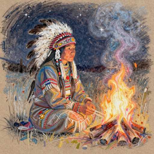 The image depicts a detailed painting of a Native American woman sitting cross-legged in a grassy field at night, with a campfire to her right. She is adorned in traditional attire, including a long-sleeved dress and a striking feathered headdress with white feathers and black tips. The woman, who has long black hair, wears a necklace with a prominent red pendant. She holds a stick in her hand, possibly engaged in a ceremonial activity. The campfire, composed of neatly stacked logs, emits vibrant orange and yellow flames, with smoke that swirls upwards, blending into the night sky. The sky is a deep blue, dotted with stars, and the background features a silhouette of trees and distant mountains. The painting is bordered by a light brown frame, adding to its traditional aesthetic.