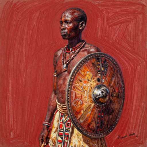 This detailed painting depicts a shirtless African warrior, possibly from the Yoruba culture, standing against a vibrant red background. The warrior, who has a lean build and short black hair, is adorned with multiple necklaces, including a prominent red one, and a white belt around his waist. He wears a skirt-like garment with intricate black, red, and white patterns, and a red and white armband on his right arm. In his left hand, he holds a large, round shield with a silver center and a colorful design featuring red, yellow, and black hues. The shield's surface is decorated with feathers and other designs. The artist's signature is visible in the bottom right corner of the painting.