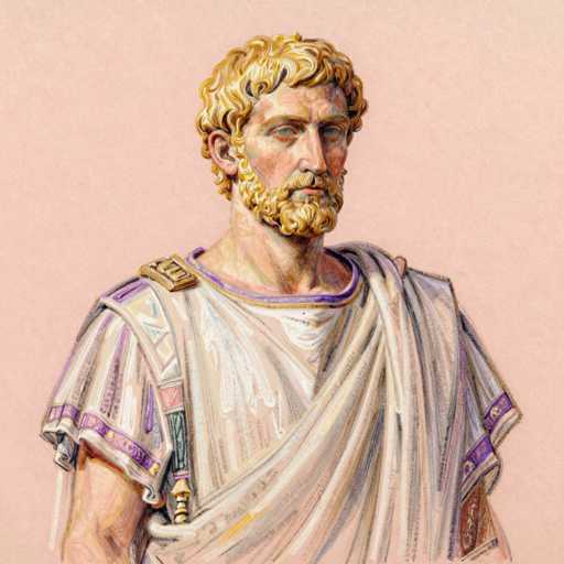 This image depicts a detailed painting of a Roman man, possibly a soldier, set against a light pink background. The man has short, curly blonde hair and a full blonde beard and mustache, giving him a distinguished appearance. His eyes are a striking blue, and his expression is neutral, with his gaze directed slightly to the right. He is dressed in a white tunic with purple trim around the collar and sleeves, which drapes over his left shoulder and extends down to his right side. On his right shoulder, there is a gold-colored metal piece, possibly a brooch or pin, adding to the regal appearance. Additionally, a sheathed sword is visible on his right side, further suggesting his military status. The overall composition and attire indicate that this is a representation of a Roman soldier, captured in a moment of calm vigilance.