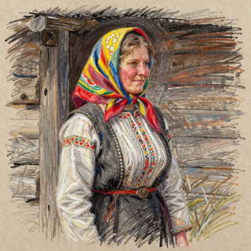 This detailed painting depicts a woman standing in front of a rustic wooden cabin, characterized by its brown and grayish tones. The woman, who has fair skin and blonde hair, is adorned in traditional attire. She wears a vibrant headscarf with red, yellow, blue, and green hues, tied around her head and neck. Her dress is a striking combination of black and white, with intricate patterns of red, green, and yellow dots. The dress features a black vest-like front with white stripes and a red belt cinched at her waist. The sleeves of her dress are white with red and green dots, adding to the intricate detailing. She stands with her arms at her sides, gazing off to the right, her expression serene. The background includes a wooden post and a hint of grass, enhancing the rustic, outdoor setting. The painting's style is somewhat sketchy, with visible lines and a lack of fine detail, giving it a unique, hand-drawn quality.