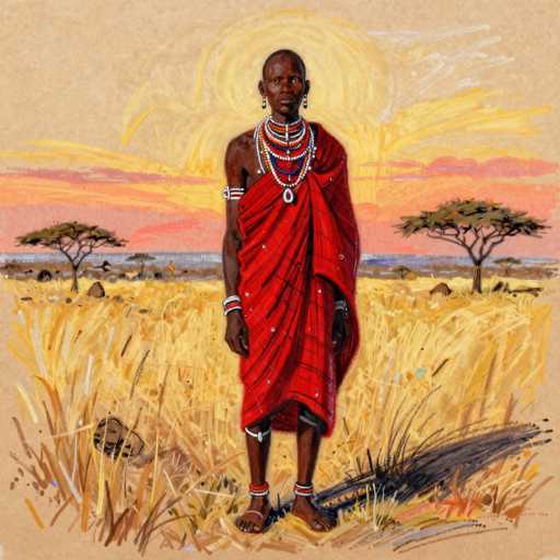 A portrait of a Maasai warrior in traditional attire, standing in a savanna landscape. The image is rendered with a sketch-like style, using warm, earthy tones and visible brushstrokes. The warrior is depicted in a vibrant red shuka (cloth wrap), adorned with numerous beaded necklaces and bracelets. He stands barefoot in a field of tall, dry grass, with acacia trees silhouetted in the background. The overall impression is one of cultural richness and a connection to the African landscape, with a warm, slightly stylized light emanating from behind the warrior.