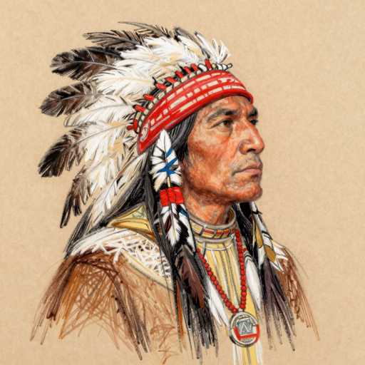 This detailed illustration depicts a Native American man, possibly from the Lakota or Blackfoot tribe, adorned in traditional attire. He wears a striking feathered headdress, featuring a red band with white markings at the forehead, from which long feathers extend. His long black hair cascades down, with some feathers intricately woven into it. The man's face, characterized by a strong nose, thin lips, and a slight mustache, is turned to the right, revealing a solemn expression. He is dressed in a brown leather jacket with a yellow lining, and a red beaded necklace with a large pendant rests around his neck. The background is a light brown, almost tan color, enhancing the earthy tones of his attire and the detailed features of his face.