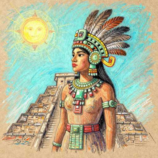 This detailed illustration depicts a young woman of Native American descent, adorned in traditional attire. She wears a striking headdress featuring feathers in shades of brown, gray, and orange, with a prominent yellow feather at the front. The headdress is complemented by large, round earrings and a necklace composed of green and yellow beads. Her outfit includes a red and green belt, and she has armbands on both arms. The woman's long black hair cascades down her back, and she gazes to the left. Behind her stands a grand pyramid, reminiscent of those found in Mexico, with a blue sky and a radiant sun in the upper left corner. The sun is depicted with a face, surrounded by concentric circles in yellow and orange, and radiating lines. The entire scene is set against a brown background, enhancing the earthy tones of the illustration.